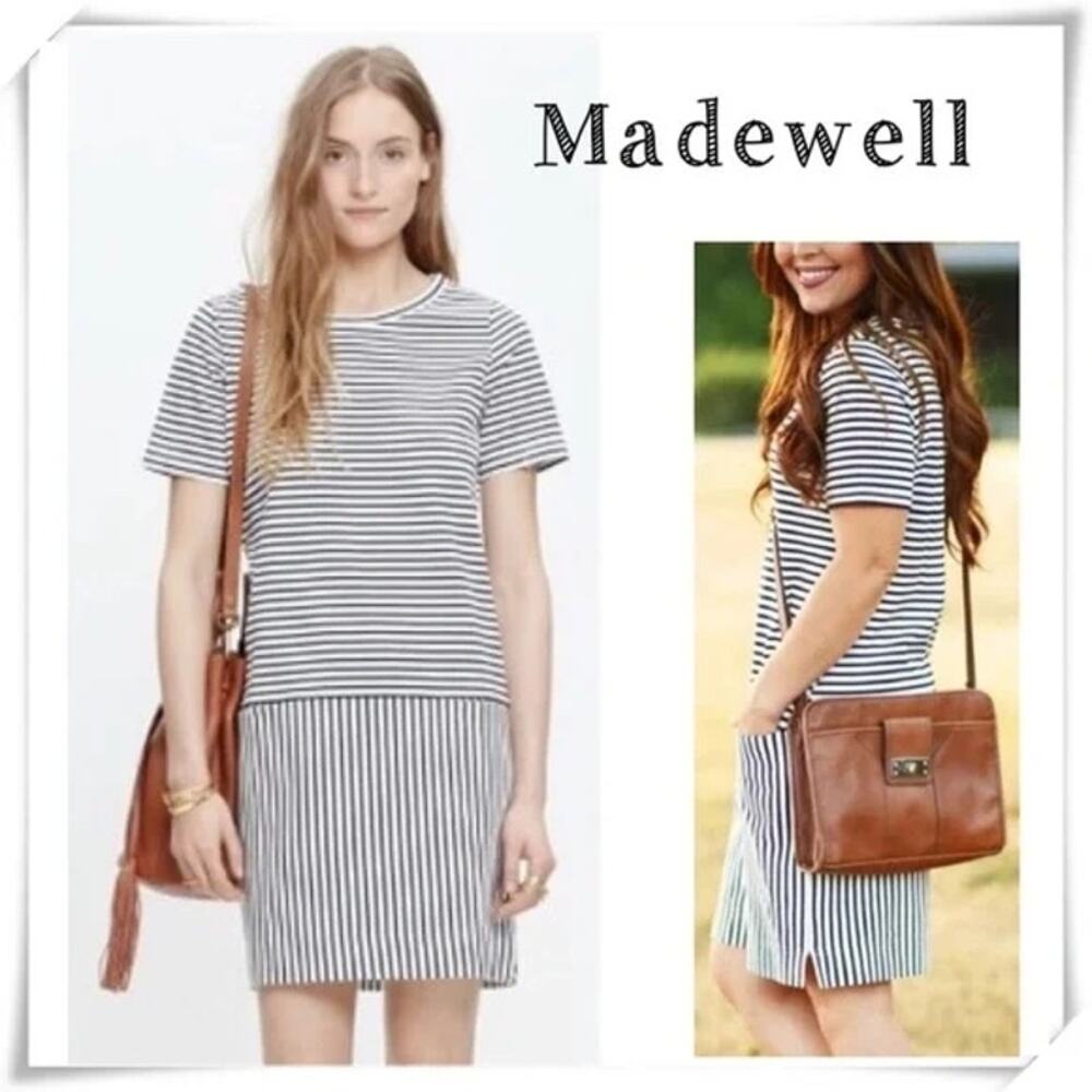 Madewell XS Dockside Striped Tee Shirt Stretch Dress White Navy Striped Cotton